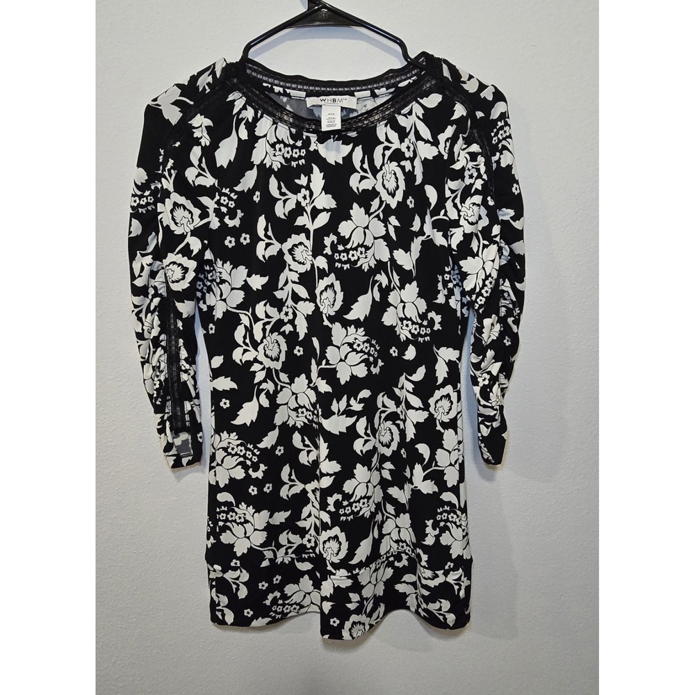 White House Black Market WHBM  XXS Black White Floral Shift Dress 3/4 Sleeve